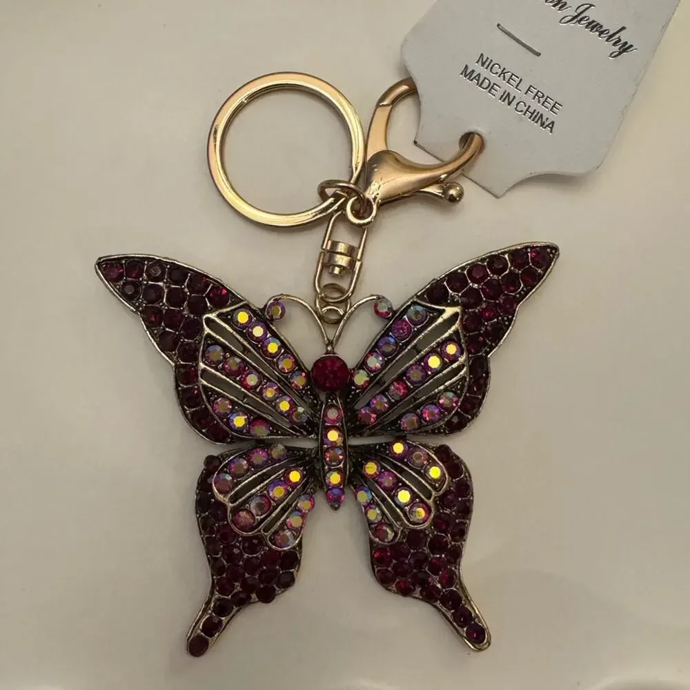 Gold Iridescent Butterfly Charm Keychain - Red